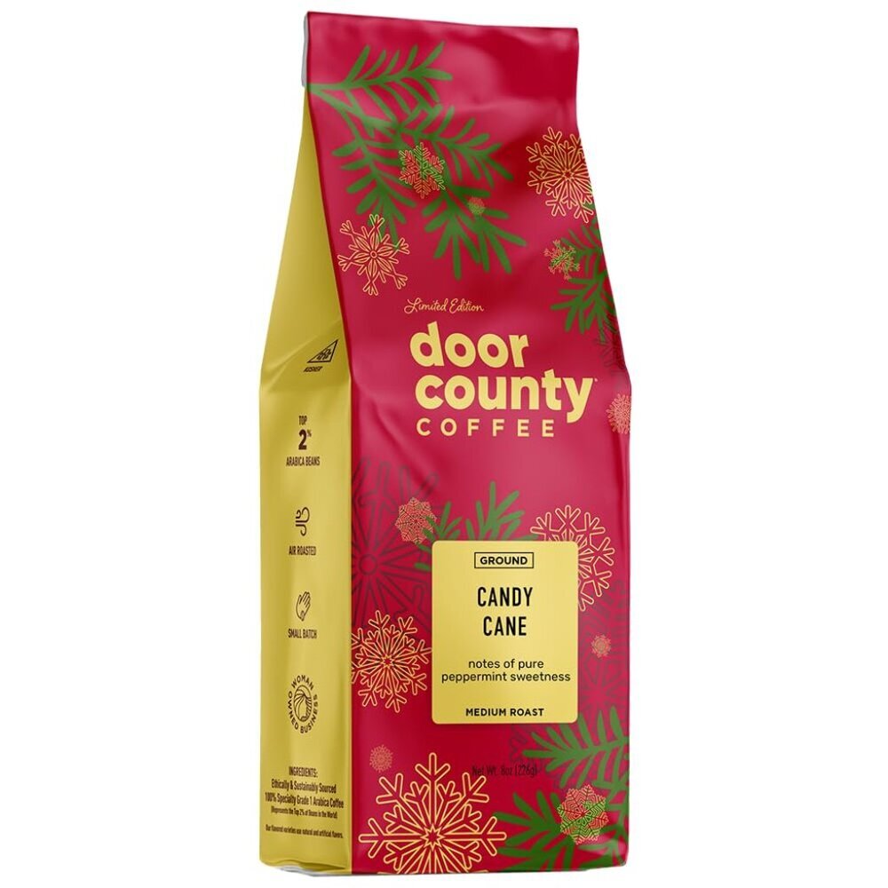 Door County Coffee Candy Cane Flavored Coffee Ground - 8oz Bag - Holiday Seasona